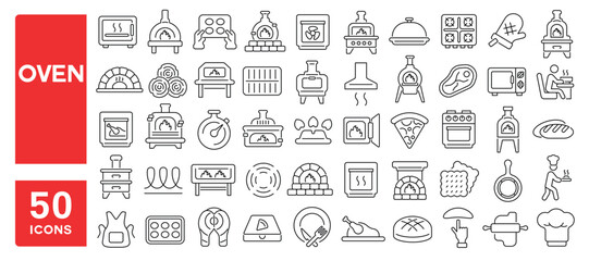 Set of 50 line icons related to oven, culinary, microwave, flame, stove, bake, cook, furnace, Editable stroke. Vector illustration