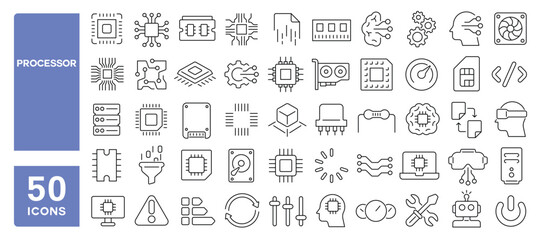Set of 50 line icons related to processor, circuit, cpu, capacity, electronic, board, tech, chip, Editable stroke. Vector illustration