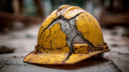 Damaged yellow safety helmet on construction site