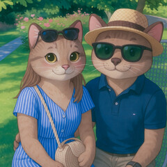 Fototapeta premium Cute cats enjoying a sunny day in a park, dressed stylishly and posing for a casual photo together