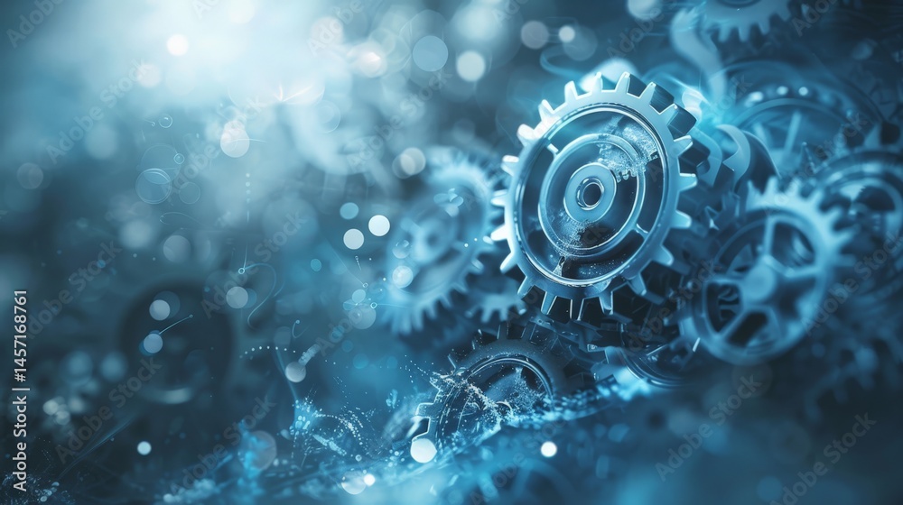 Poster abstract background of blue gears with bokeh light effects. symbolizes engineering, technology, and 