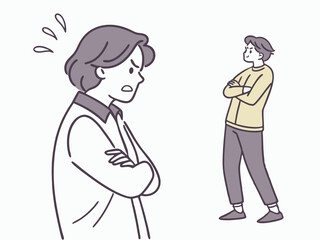 Illustration of Angry Woman Arguing with Calm Man, Simple Line Art Style