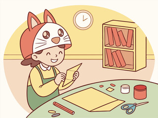 Child in Cat Hat Crafts, Folding Paper at Desk, Cartoon Illustration, DIY Project
