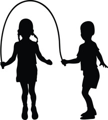 children skipping rope silhouette,  children playing with a jumping rope silhouette © VectorEliteX