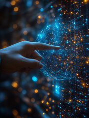 Glowing blue digital globe with connected points, touched by a human hand. Abstract concept of future technology and AI.