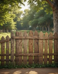 Fototapeta premium Rustic wooden fence poster mockup, park setting, horizontal, wooden fence