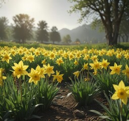 Obraz premium Sunny yellow daffodils burst forth in a verdant field , daffodils, countryside
