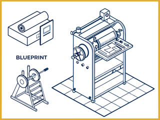 Isometric Blueprint Illustration of Printing Press, Paper Rolls, and Weightlifting