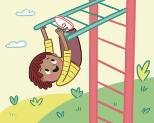 Cartoon Boy Hanging Upside Down on Monkey Bars at Playground Fun