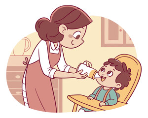 Cartoon Mother Feeding Baby in High Chair with Bottle Illustration