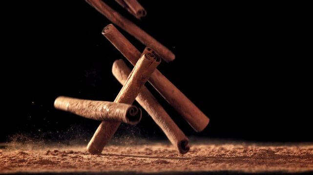 Cinnamon sticks fall on the table. Filmed on a high-speed camera at 1000 fps. High quality FullHD footage