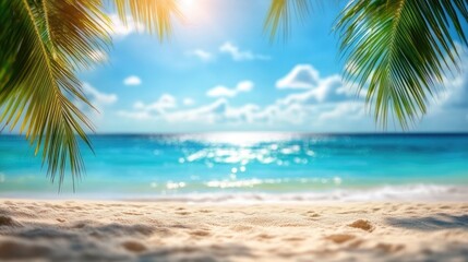 Tropical Beach With Palm Leaves Framing Turquoise Sea Under Sunny Sky Paradise View