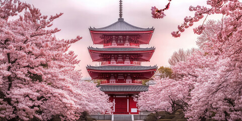 Cherry Blossoms Japan Pagoda Spring Landscape Photo