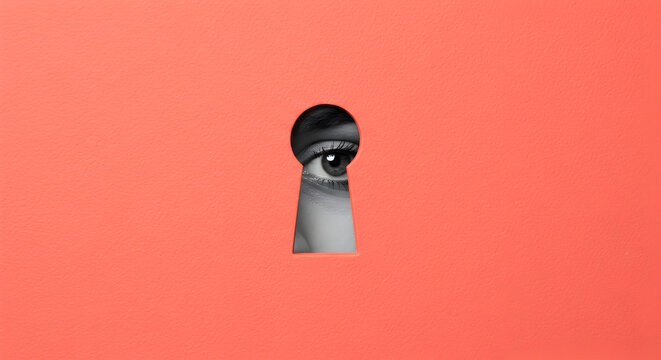 Intriguing Eye Peering Through Keyhole Cutout in Textured Coral Background