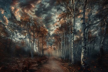 Obraz premium Autumnal Birch Forest Path Under Dramatic Sky