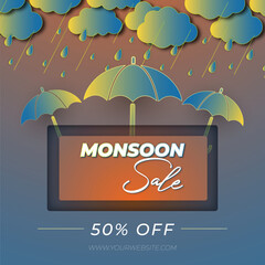 Monsoon Sale 50 Off on Umbrellas and More template design with clouds and umbrella on background