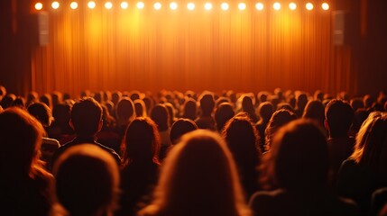 Obraz premium Photograph of a crowded concert scene with silhouetted figures against a stage backdrop.
