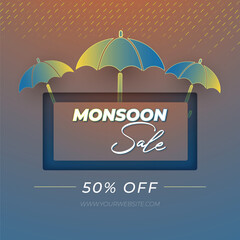 Monsoon Sale Announcement, vector illustration of an umbrella on a rainy day, template design with clouds and umbrella on background. 50% off super sale
