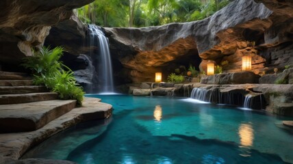 Naklejka premium Luxurious indoor waterfall pool, nestled within a natural cave-like setting. Tranquil, cascading water, stone steps, and lush foliage