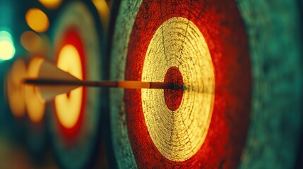 Arrow precisely hitting bullseye of target