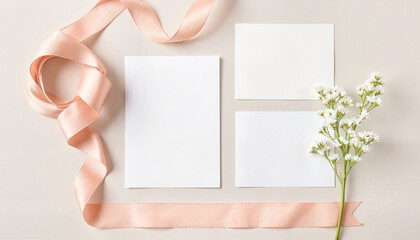 Elegant wedding stationery flat lay with pastel ribbons, minimalist design