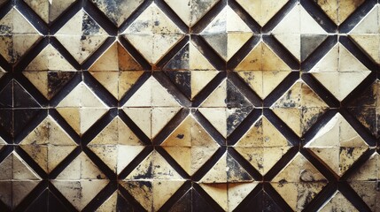 Aged tiled surface with a geometric square and triangle pattern