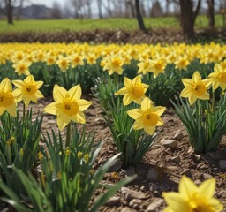 Fototapeta premium Close-up of cheerful daffodils, sunny day, vibrant colors, countryside setting, nature, daffodil