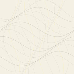 Vector seamless abstract pattern featuring thin, flowing wavy lines in soft neutral tones with subtle yellow accents. The gentle, overlapping curves create a calming and elegant rhythm