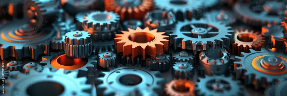 Poster dynamic composition of metal gears and cogwheels with orange and blue lighting. concept of industry 