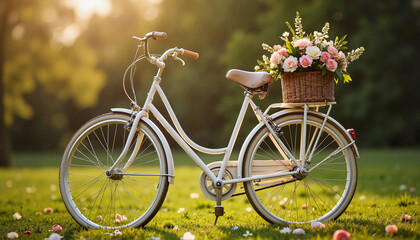 Fototapeta premium Elegant wedding flowers on vintage bicycle in idyllic garden, romance