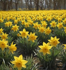 Fototapeta premium Sunlit field of vibrant yellow daffodils in full bloom, petals glistening , blossom, yellow petals, close-up