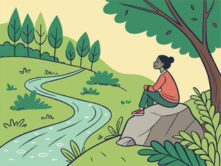 Woman on Rock by River Cartoon Nature Illustration Serene Landscape