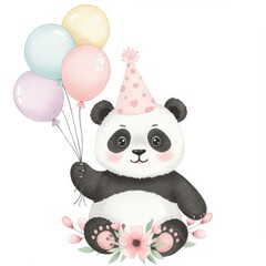 Naklejka premium Cute Watercolor Panda with Pastel Balloons and Flowers