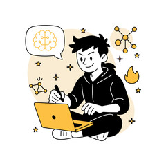 man coding an AI model on a laptop. Features neural network icons, brain symbol, and flat cartoon style with bold outlines and yellow accents.