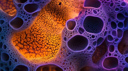 Abstract purple and orange cellular structure detailed digital art 3d mesh dark foam holes vivid