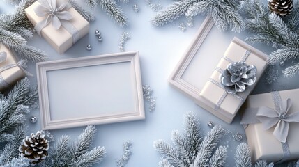 Elegant photo frames with blank spaces arranged next to a sparkling gift box, resting on a background of frosted pine needles and shimmering silver accents.