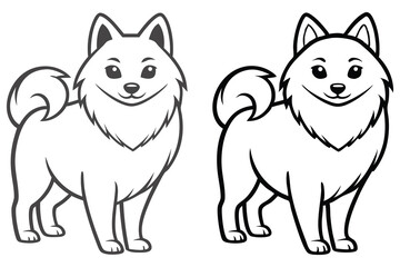 Two line drawings show a smiling cartoon dog standing with a curly tail