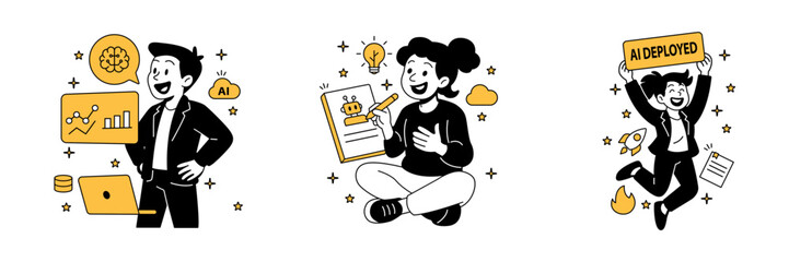 Naklejka premium data visualization by a man, a woman brainstorming AI ideas, and another woman celebrating successful AI deployment in a flat cartoon style Vector illustration