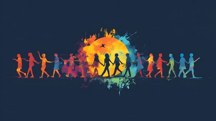 Digital illustration of silhouettes walking with musical instruments under a vibrant, splattered moon.