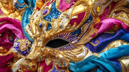 Obraz premium Photograph of detailed Venetian mask with opulent gold, blue, and pink embellishments and flowing silk.