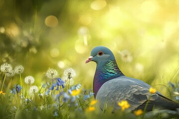 Obraz premium Close-up of a pigeon resting in lush green grass, surrounded by small wildflowers and dandelions, with a vibrant blurred background creating a dreamy, intimate nature and wildlife scene.