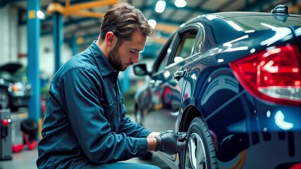 Automotive mechanic in blue uniform with gloves working on vehicle wheel maintenance in modern garage workshop. Professional car technician performing tire inspection during repair service