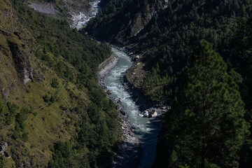 Landscape of Himalaya, Panoramic view of Himalayan mountain covered with snow. Himalaya mountain landscape in winter at Kedarnath valley.