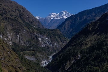 Landscape of Himalaya, Panoramic view of Himalayan mountain covered with snow. Himalaya mountain landscape in winter at Kedarnath valley.