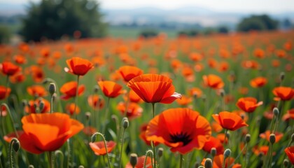 Obraz premium Vibrant Field of Blooming Orange Poppies Under Clear Blue Sky in a Rural Landscape