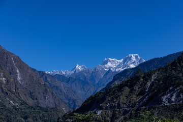 Landscape of Himalaya, Panoramic view of Himalayan mountain covered with snow. Himalaya mountain landscape in winter at Kedarnath valley.