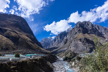 Landscape of Himalaya, Panoramic view of Himalayan mountain covered with snow. Himalaya mountain landscape in winter at Kedarnath valley.