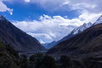 Landscape of Himalaya, Panoramic view of Himalayan mountain covered with snow. Himalaya mountain landscape in winter at Kedarnath valley.