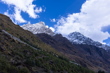 Landscape of Himalaya, Panoramic view of Himalayan mountain covered with snow. Himalaya mountain landscape in winter at Kedarnath valley.
