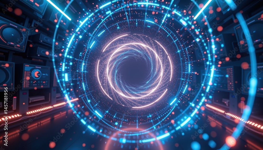 Wall mural abstract digital vortex with neon lights and circles creating a futuristic atmosphere